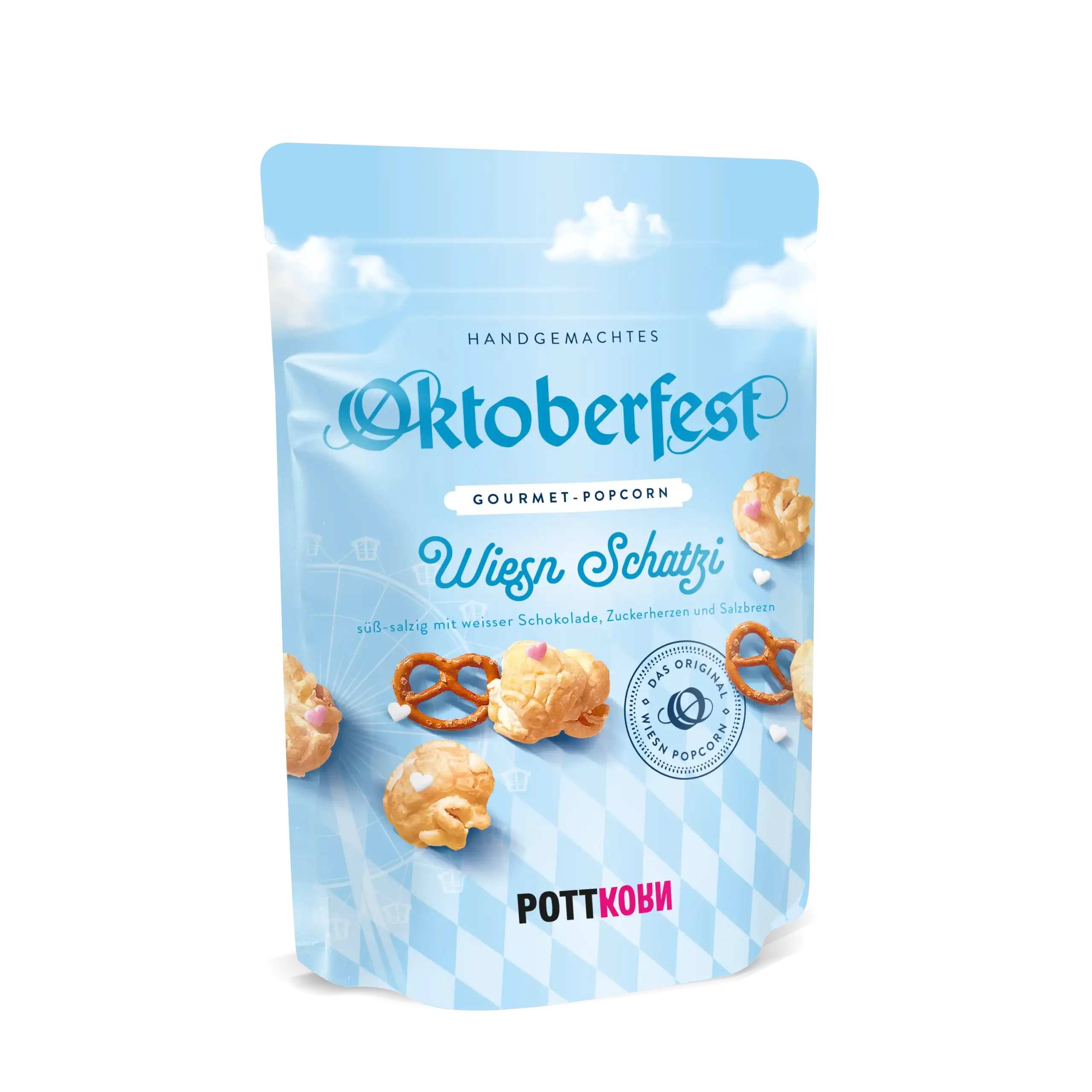 Oktoberfest_2025_Popcorn_Pottkorn_Wiesn_Schmatzi_SV blaue Tüte im bayrischem Stil mit blauen Schriftzug Wiesn Schatzi
